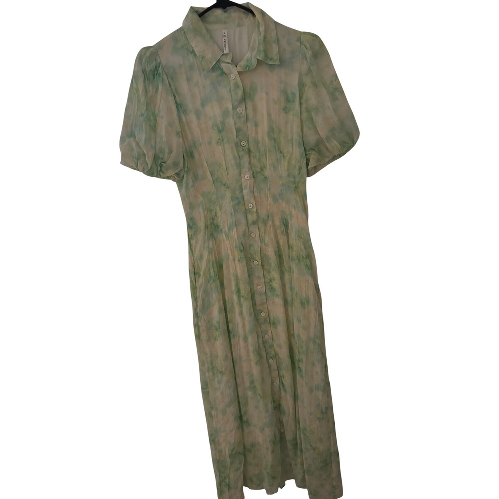 Spicy Sugar Green Yellow Tie Dye Button Front Puff Sleeve Midi Dress Womens 8